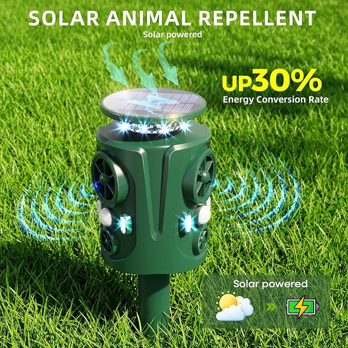 Solar Ultrasonic Animal Repeller Outdoor: 360° Motion Activated Animal Deterrent, Solar Powered Dog Cat Raccoon Deer Squirrel Repellent, Waterproof IP66 PIR Sensor for Yard Garden Farm