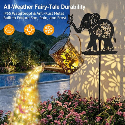 Solar Watering Can Lights Outdoor Decor with Elephant Stake & Fairy Silhouettes, Cascading String Lights for Garden, Patio, Yard - Waterproof Solar Powered Gift for Mom, Housewarming, Birthday