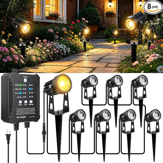 All-in-One Low Voltage Landscape Lighting Kit, 8-Pack LED Landscape Lights with Smart Transformer, 70FT Pre-Wired Cable, IP65 Waterproof Outdoor Spotlights, 3000K Warm White for Yard Garden Pathway