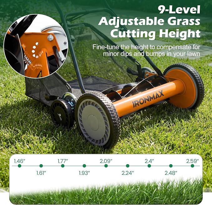IRONMAX 18 Inch 5-Blade Push Reel Lawn Mower, 9-Level Adjustable Cutting Heights, Removable Grass Catcher, Lightweight No Motor Walk-Behind Manual Grass Cutter for Garden Yard Park (Orange, 18 Inch)