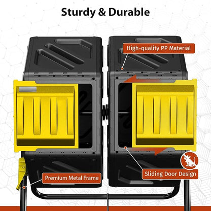 Compost Bin, 37-Gal Dual Chamber Composter Tumbler, Black Yellow | Steel Frame with 2 Sliding Door and Aeration System, 360° Rotating, Tumbling Composting Bin for Kitchen, Garden, Yard