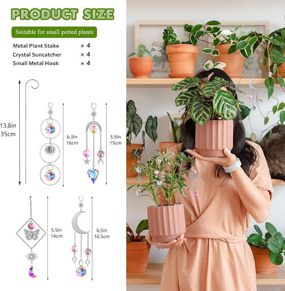4 Pack Crystal Sun Catchers with 13.5'' Small Trellis for Potted Plants | Sliver,Indoor Plant Accessories,Fairy Garden Stakes Suncatcher Decoration for Home Window,Gift For Plant Lovers and Gardeners