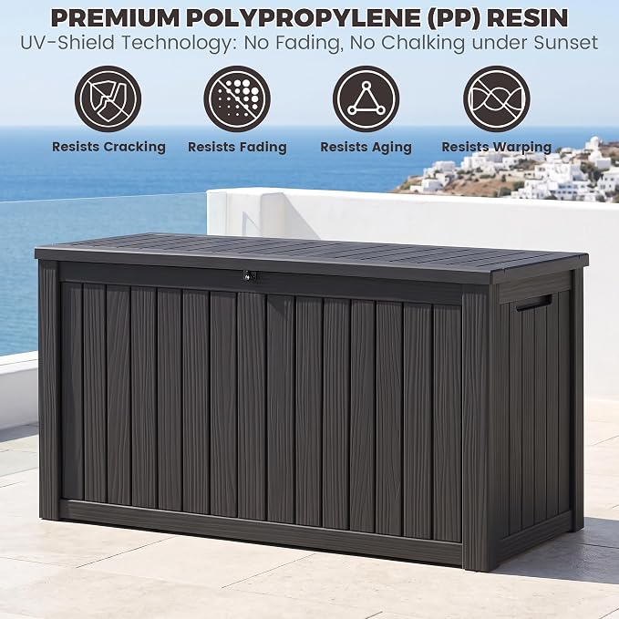 Outdoor Storage Box, 180 Gallon Waterproof Deck Box [Upgraded 3.1], Large Resin Storage with Hydraulic Gas Lifts for Cushions, Lawn Mower Tools Chest Bench, Large Backyard, Black