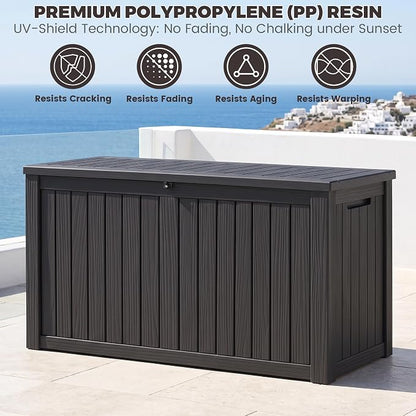 Outdoor Storage Box, 180 Gallon Waterproof Deck Box [Upgraded 3.1], Large Resin Storage with Hydraulic Gas Lifts for Cushions, Lawn Mower Tools Chest Bench, Large Backyard, Black