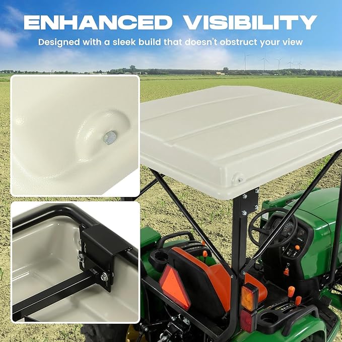 ECOTRIC Lawn Tractor Sun Shade, Top Canopy Compatible with John Deere Tractors with ROPS, White Sun Shade W/Mounting Brackets, Reduce Heat and Glare with This Umbrella Canopy