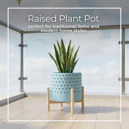 Ceramic Planter With Stand Indoor – Plant Stand Indoor For Elevated Greenery, Living Room Or Patio Placement, Textured Blue Home Decor Design Adds Height And Visual Impact – 11", Blue