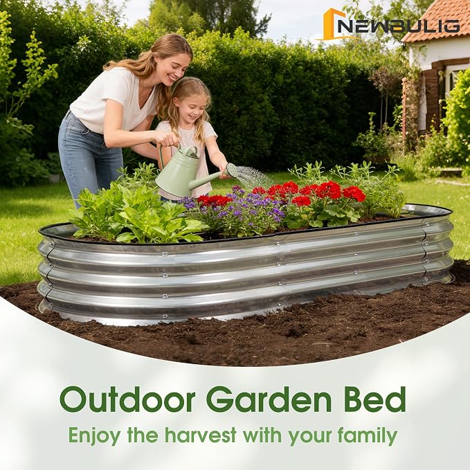 NEWBULIG Galvanized Raised Garden Bed Outdoor, 8x4x1ft Metal Planter Box for Vegetables Flowers Herbs, Heavy-Duty Oval Raised Flower Bed for Gardening, Open Bottom, Easy Assembly, Safe Edges