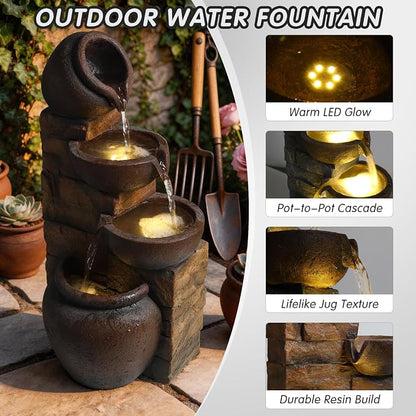 25.6" Outdoor Water Fountain, 4 Tier Cascading Pot Freestanding Water Fountain, Outdoor Fountain with LED Lights, Garden Water Feature, Suitable for Patio Yard Porch Landscape, Brown