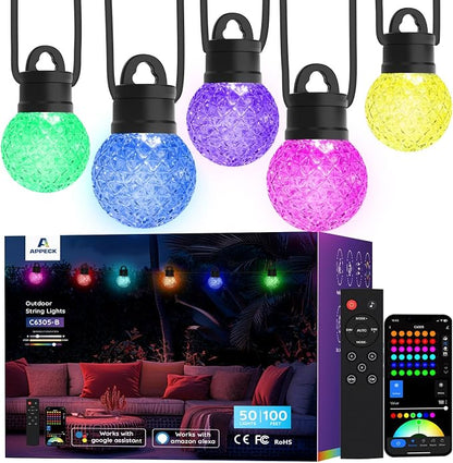 APPECK RGBW Outdoor String Lights 150ft for Patio, with 75 LED Bulbs | IP65 Waterproof, 111 Scene Modes, Dimmable Warm White, Individual Control, Music Sync, Compatible with Alexa & Google