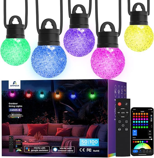 APPECK RGBW Outdoor String Lights 150ft for Patio, with 75 LED Bulbs | IP65 Waterproof, 111 Scene Modes, Dimmable Warm White, Individual Control, Music Sync, Compatible with Alexa & Google
