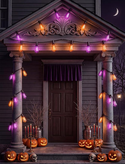 25Ft LED Outdoor String Lights, Halloween Orange Purple Lights with 25 0.6W ST38 LED Bulbs, Waterproof Connectable Patio Lights for Indoor Outdoor Backyard Garden Halloween Christmas Holiday Decor