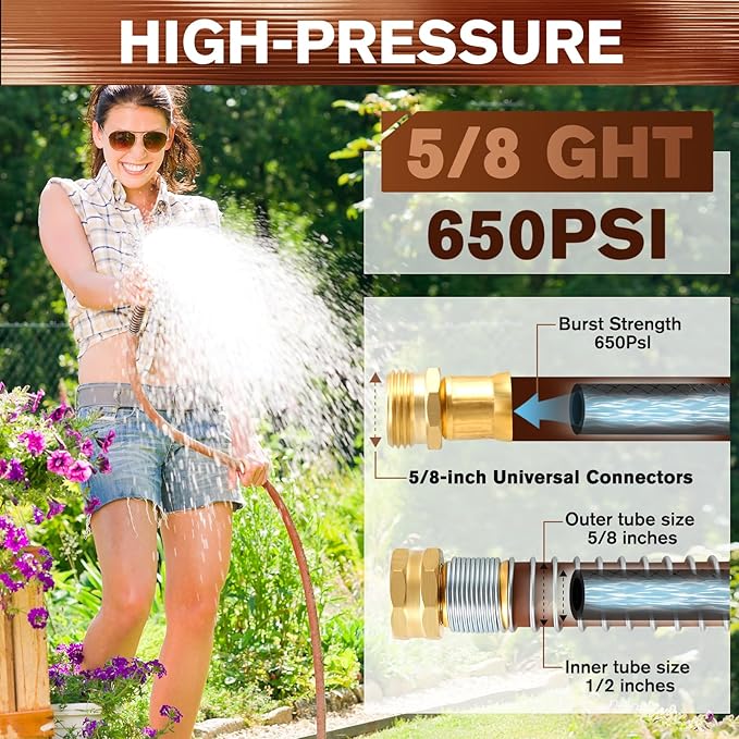 Heavy Duty Garden Hose 5/8" x 25ft, Flexible Lightweight Water Hose, Hybrid Rubber, NO Kink, 650 Burst PSI, Male to Female Fittings