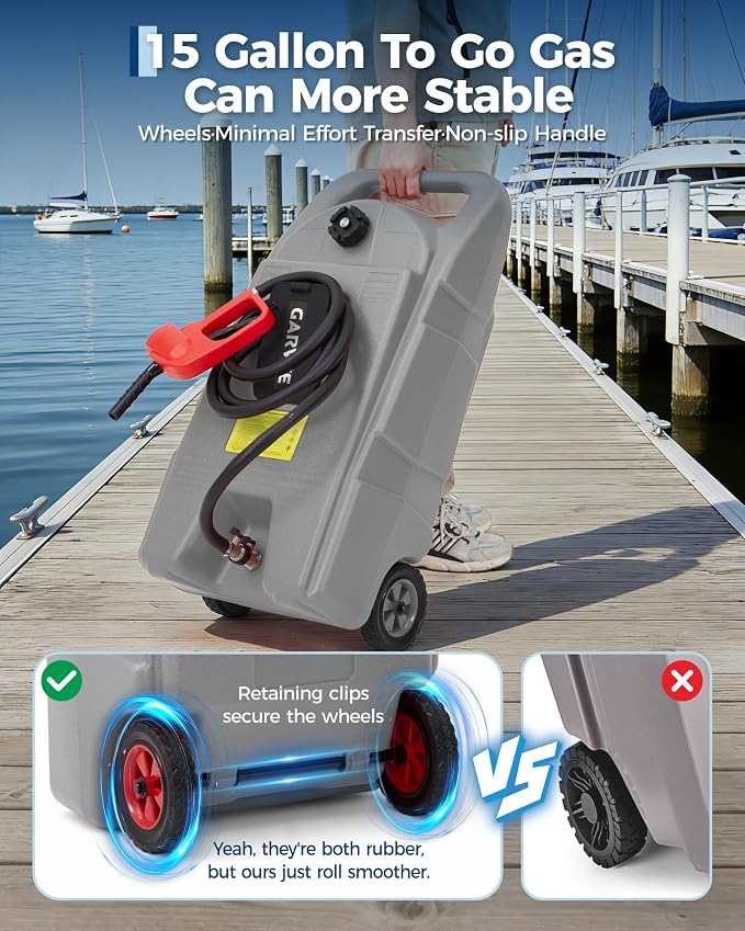 Garvee Slim 15 Gallon Gas Can, Fuel Tank Container with LE Fluid Transfer Manual 10 FT Siphon Pump, Portable Diesel Gas Storage Caddy Wheels for ATV, Weeder, Boat, Tractor, Snow Blower,Generator