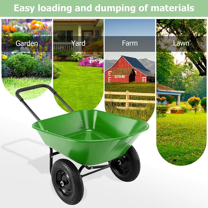 ERGOMASTER Dual-Wheel Wheelbarrow, Home Utility Garden Cart, Large Heavy Duty Yard Cart for Gardening (Bright Green)