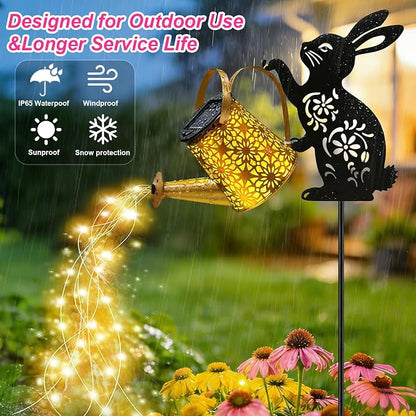 VOOKRY Solar Lights Outdoor,Watering Can with Bunny Silhouette Stake | Garden Gifts for Mom,Women&Garden Lovers Waterproof Metal Garden Water kettle,Decorative Yard Patio Lawn Pathway Decor(1Pack)