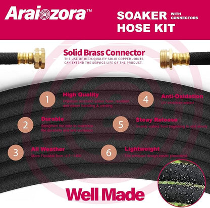 Soaker Hose 100FT 1/2 Inch Premium Kit with Solid Brass Connectors & Stakes, for Deep Root Watering in Flower Beds & Landscaping