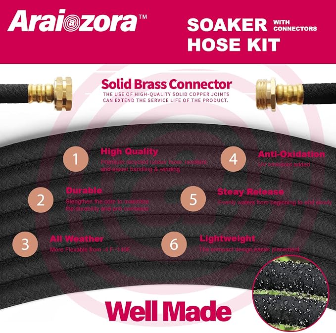 Soaker Hose 150FT 1/2 Inch Premium Kit with Solid Brass Connectors & Stakes, for Deep Root Watering in Flower Beds & Landscaping