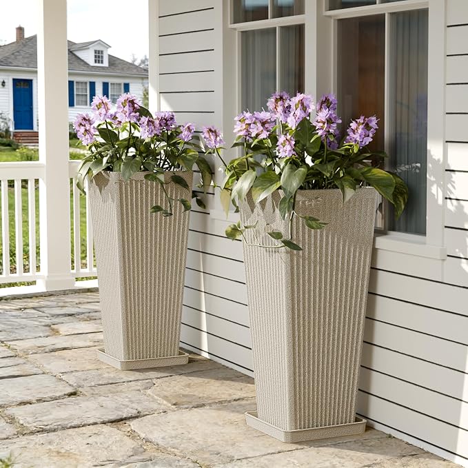 Square Tall Planters for Outdoor Plants Set of 2-24" Heavy-Duty Classic Tapered Indoor Flower Pots with Drainage Holes/Partition/Tray, Large Outdoor Planters for Porch Patio, Beige Cream