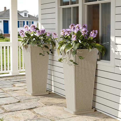 Square Tall Planters for Outdoor Plants Set of 2-24" Heavy-Duty Classic Tapered Indoor Flower Pots with Drainage Holes/Partition/Tray, Large Outdoor Planters for Porch Patio, Beige Cream