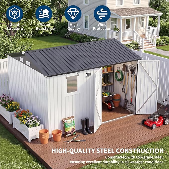 Garvee 10x8 FT Heavy-Duty Metal Outdoor Storage Shed with Solar Light | Motion Sensor Light, Window, Pegboard Tool Organizer, Lockable Doors, 4 Air Vents for Garden Patio Backyard Garage