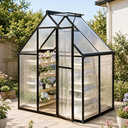 6x4FT Greenhouse for Outdoors, Polycarbonate Greenhouse with Quick Setup Structure and Roof Vent, Aluminum Large Walk-in Green House for Outside Garden Backyard, Dark Gray