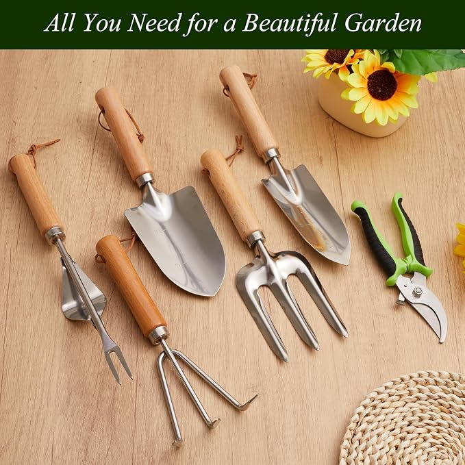 VerdantVibes Gardening Tool Set - 10 Piece Stainless Steel Garden Tools with Wood Handle, Pruners & Purple Lavender Print Tote Bag - Heavy Duty Gardening Gifts for Women Mom & Purple Lovers