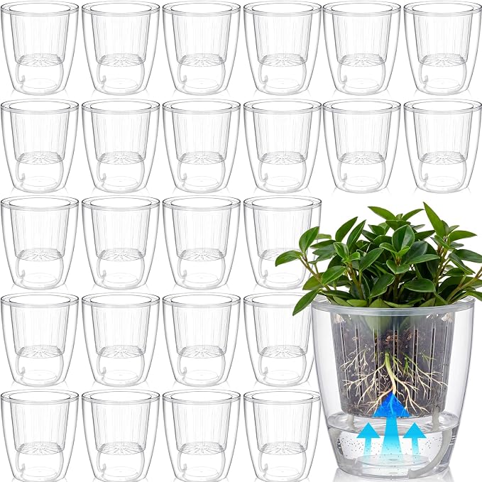 24 Pcs Self Watering Pots, 5.1 Inch Plastic Plant Pot with Inner Pot Self Watering Wick Planter Pots for Indoor House Plants, Flowers, Succulents (Transparent)