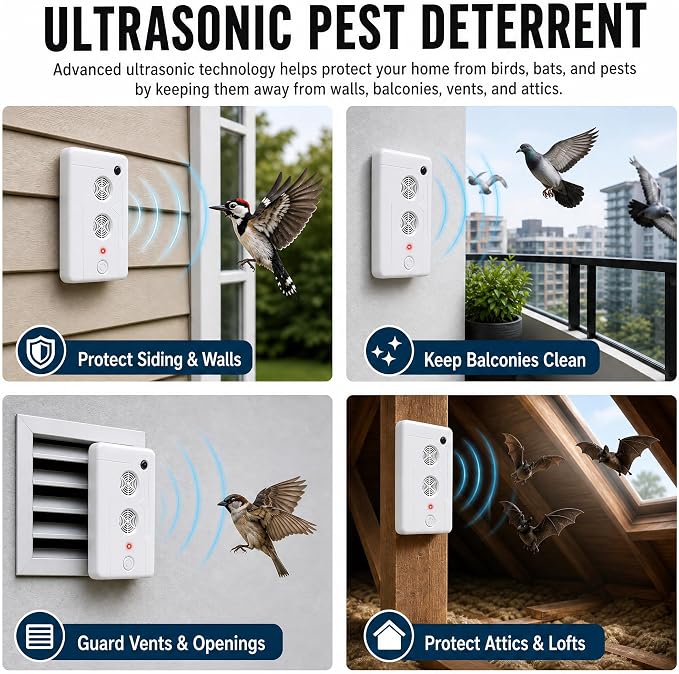 2026 Ultrasonic Bird Repeller & Bat Deterrent for Attic Woodpecker Deterrent for House Pigeon Repellent Indoor to Keep Birds Bats Away from Patio Rooftops Porch Balconies(2Pack)