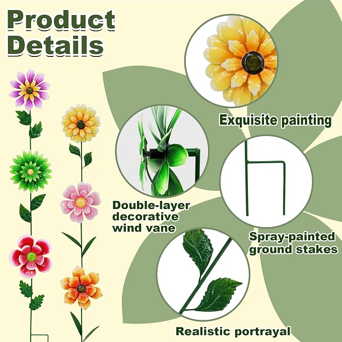 6 Pack Metal Flower Wind Spinners, Colorful Small Garden Stakes Yard Art, Decorative Floral Pinwheels Lawn Ornaments for Outdoor, Patio, Backyard, Flower Bed and Spring Decor (6 Vibrant Colors)