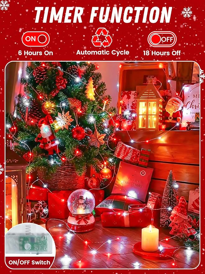 4 Pack 60 LED Fairy Lights Battery Operated with Timer, 20FT Waterproof String Lights Indoor Outdoor, Cuttable Battery Light for Bedroom Wedding DIY Centerpiece Christmas Decorations (Red and White)