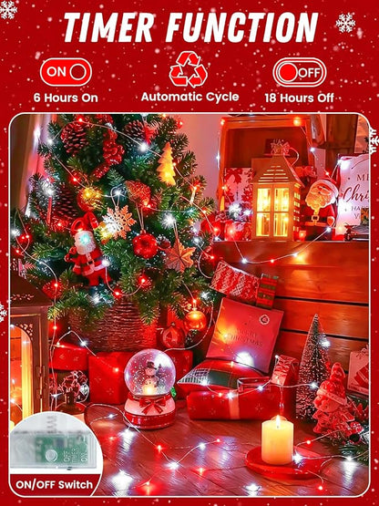 4 Pack 60 LED Fairy Lights Battery Operated with Timer, 20FT Waterproof String Lights Indoor Outdoor, Cuttable Battery Light for Bedroom Wedding DIY Centerpiece Christmas Decorations (Red and White)