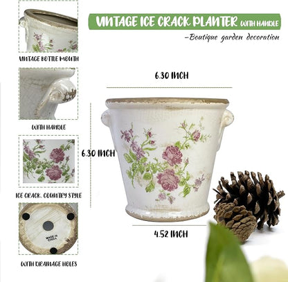 Dosayes Vintage Ceramic Flower Pot with Drainage Holes and Handle,Ice Crack Country Rustic Planters for Indoor Outdoor,Tuscan Decor,Home and Garden Decor,Gardening Present