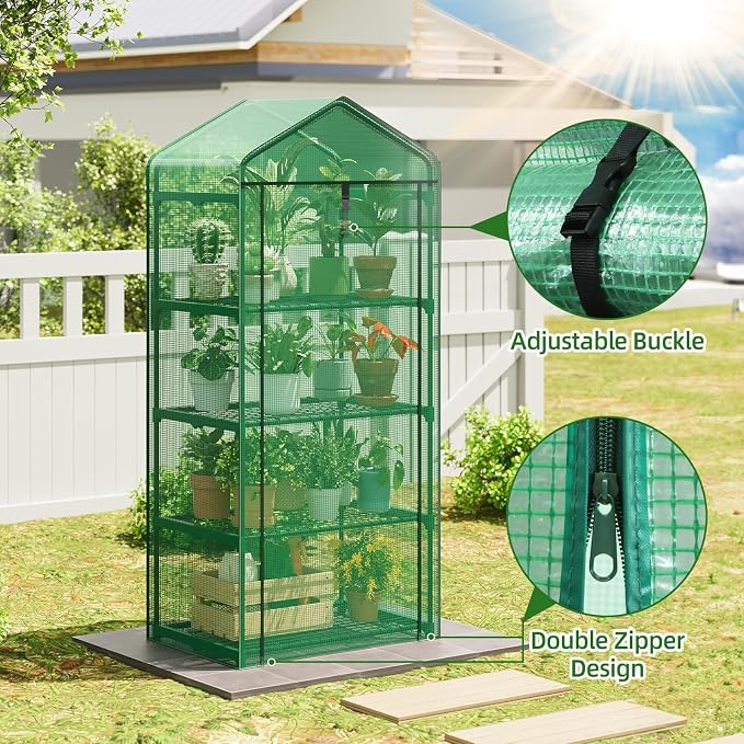 Superlele Mini Greenhouse, Plant Stand for Indoor Outdoor, 27x19x62-Inch Plant Greenhouse, 4 Tier Plant Shelf with Green PE Mesh Cover, Portable Greenhouse for Seeding, Gardening Gifts