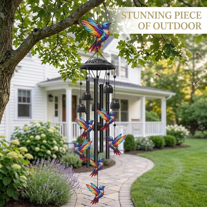 36" Rainbow Hummingbird Wind Chimes for Outside, Memorial Sister Gifts | Rainbow-gradient birds, black aluminum tubes, bells & S-hook. A soothing rustic deep tone decor for spring courtyards