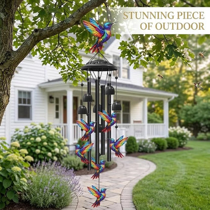 36" Rainbow Hummingbird Wind Chimes for Outside, Memorial Sister Gifts | Rainbow-gradient birds, black aluminum tubes, bells & S-hook. A soothing rustic deep tone decor for spring courtyards