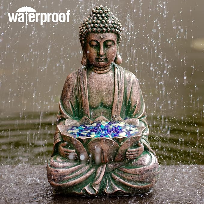 12" Meditating Buddha Statue w/Lotus - Zen Garden Sculpture Decor (Bronze) | for Indoor/Outdoor Decor, Home & Garden Decoration with Magical Glow in Dark Pebbles and Glass Stones - Antique Bronze
