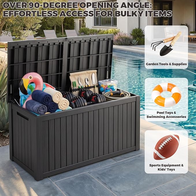 Outdoor Storage Box, 200 Gallon Waterproof Deck Box [Upgraded 3.1], Large Resin Storage with Hydraulic Lifts for King Cushions, Heavy Duty Lockable Bench Seat, Pool Deck, Black