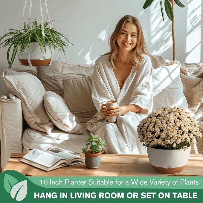 Set of 2-10 Inch Hanging Planters for Indoor Plants with Self-Watering Includes Hanging Pots for Plants, Outdoor Hanging Plant Pot with Drainage, and 2 Types of Hanging Baskets Hangers (White, 10inch)