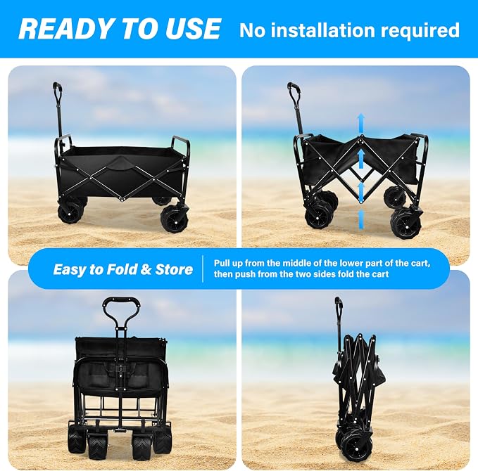 YSSOA Collapsible Folding Wagon, Beach Wagon with Big Wheels, Heavy Duty Foldable Utility Cart, Portable Garden Cart with Adjustable Handle, Foldable Grocery Cart for Camping Sports