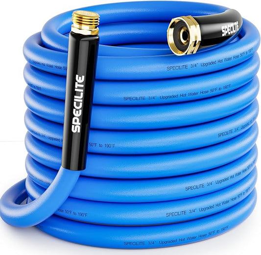 SPECILITE Hot/Cold Garden Water Hose 50 ftx 3/4 in, -50℉ To 190℉, Heavy Duty, Flexible, Burst 605 Psi, Lightweigh, Upgraded Rubber Pipe with 3/4" Brass Fittings For Backyard, Outdoor, Farm, Blue