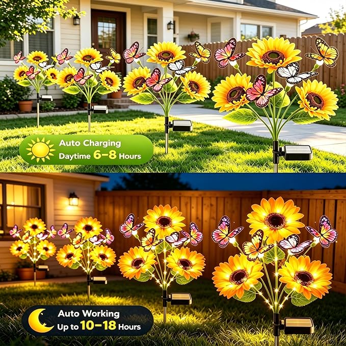 Solar Lights Outdoor Decorative, Upgraded 4 Pack Flowers with 16 Butterflies, Brighter Waterproof Garden Decor for Yard Lawn Pathway, Mom Women Grandma Gift