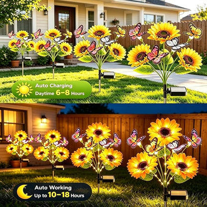 Solar Lights Outdoor Decorative, Upgraded 4 Pack Flowers with 16 Butterflies, Brighter Waterproof Garden Decor for Yard Lawn Pathway, Mom Women Grandma Gift