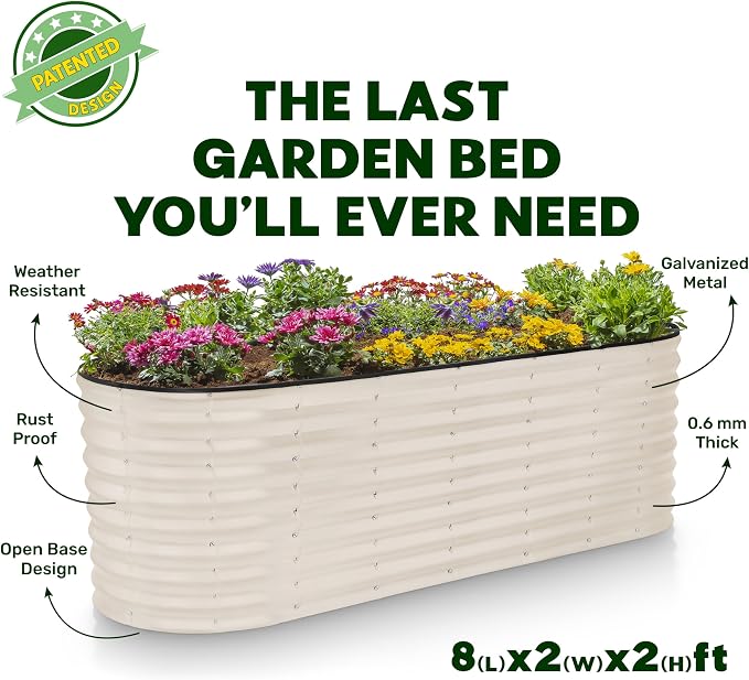 Plant & Plot Galvanized Raised Garden Beds Outdoor // 8×2×2 ft Planter Raised Beds for Gardening, Vegetables, Flowers // Large Metal Garden Box (White) // Patented Tool-Free Design
