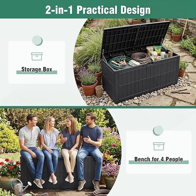 Tangkula 180 Gallon Outdoor Storage Box, Waterproof PP Resin Patio Storage Box with Lockable Lid for Indoor & Outdoor Use, 2-in-1 Rattan Design Deck Box for Cushions, Garden Tools