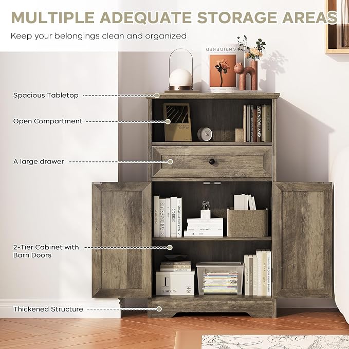 Floor Cabinet, Farmhouse Storage Cabinet with Barn Doors and Drawer, 11.81" D x 23.62" W x 39.37" H Grey Freestanding Adjustable Shelf Organizer for Bathroom, Kitchen, Living Room