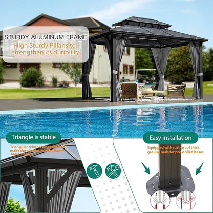 GAOMON 10'x12' Hardtop Gazebo with Polycarbonate Double Roof, Durable Aluminum Frame, Weatherproof & UV Protection for Garden, Patio, Lawn