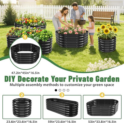 Hexagon Raised Garden Bed, 48 Inch Diagonal & 16.5 Inch Tall, Galvanized Steel Planter Box with Wave-Shaped Metal Panels for Outdoor Flower,Tree,Herb & Vegetable Garden (Black, 4FT X 1.5FT)