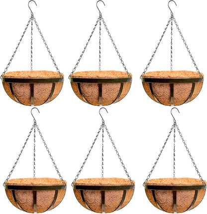 LaLaGreen Outdoor Hanging Baskets for Plants (16 Inch, 6 Pack) Large Hanging Planter with Coco Liner, Black Plant Metal Flat Iron Round Flower Pots Deck Patio Modern Garden Balcony Outside Decoration