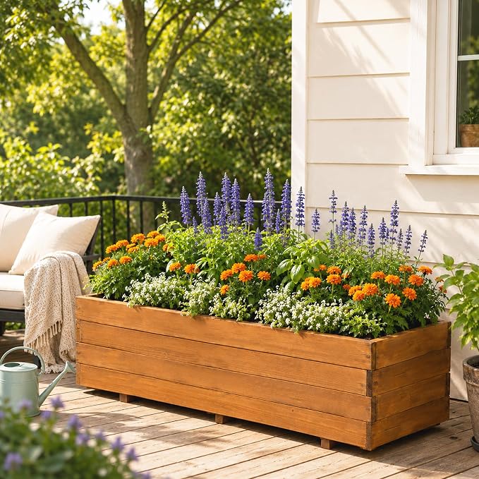 Fir Wood Raised Garden Bed Rectangular Planter for Outdoor Tomato Planter | For Herbs & Flowers Garden Includes Fabric Planter Liner, 4 Drainage Holes