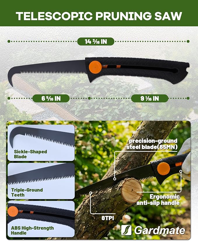 Stand Up Weed Puller Tool with Telescopic Hand Saw - 3-in-1 Long Handle Weed Remover Kit for Weeding, Pruning & Protection - 65MN Steel Saw, Rust-Resistant, Easy Storage with Gardening Glove